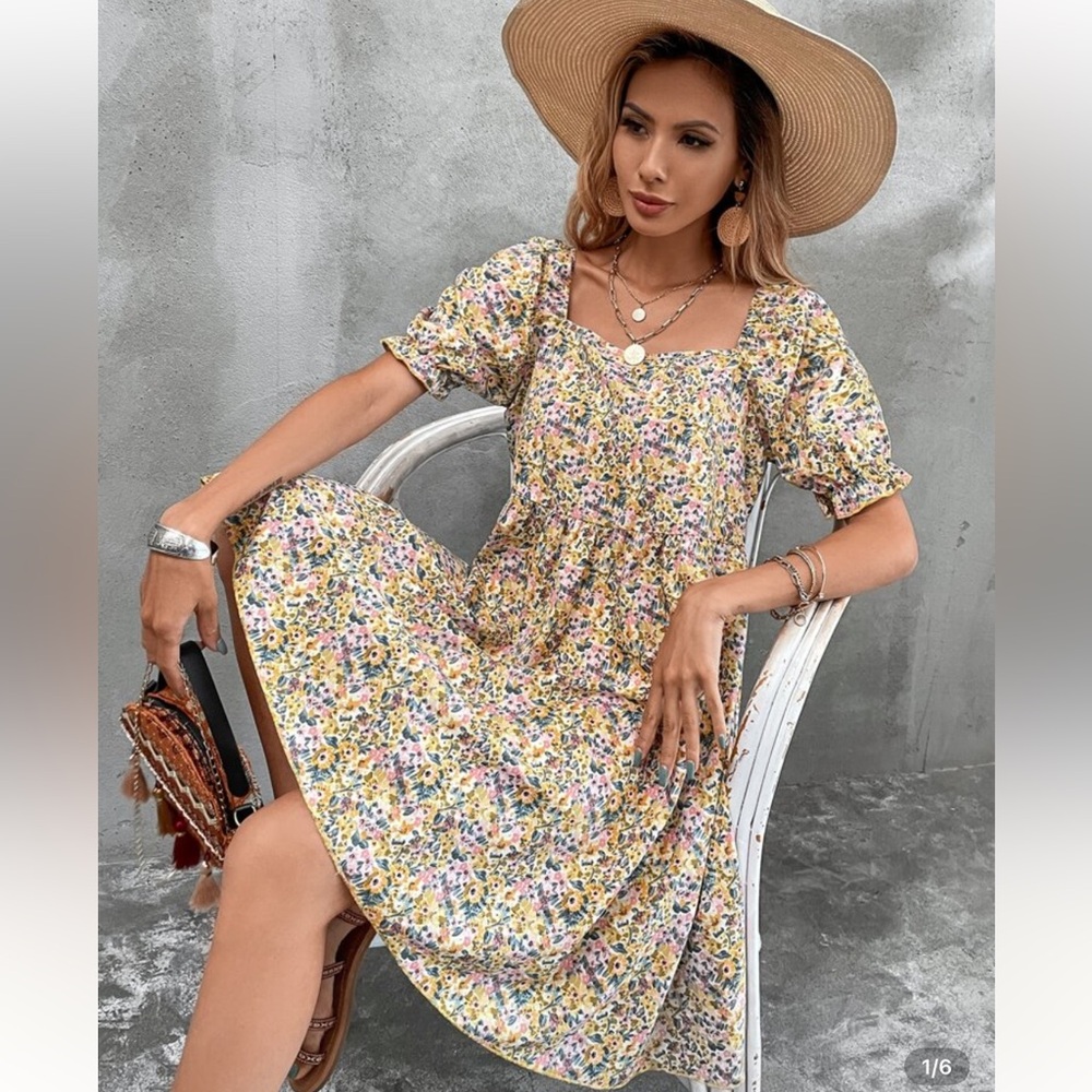 Floral Knee Length Dress - Multicolor